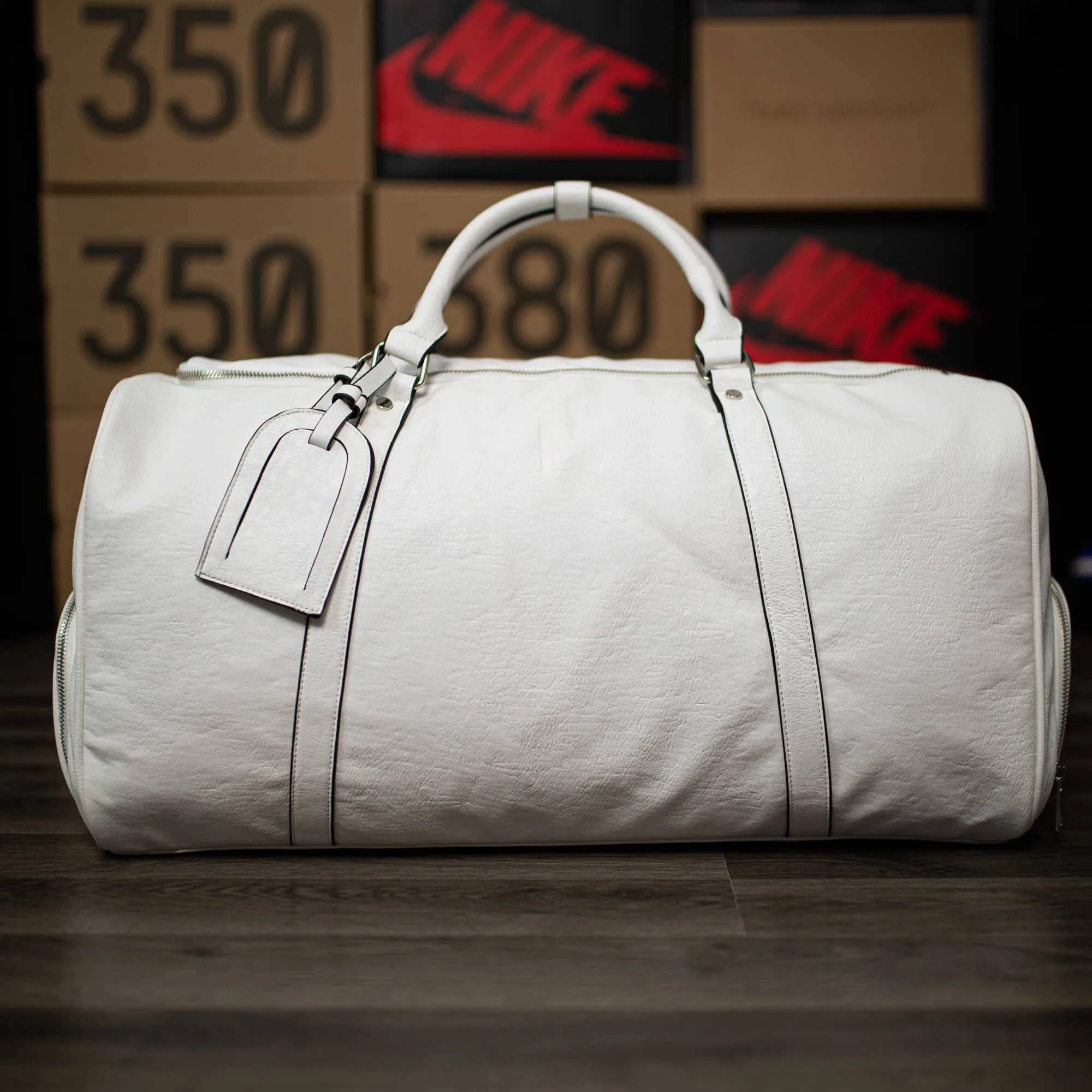White Tumbled Leather Signature Bag Set (Signature Backpack and Duffle Bag)