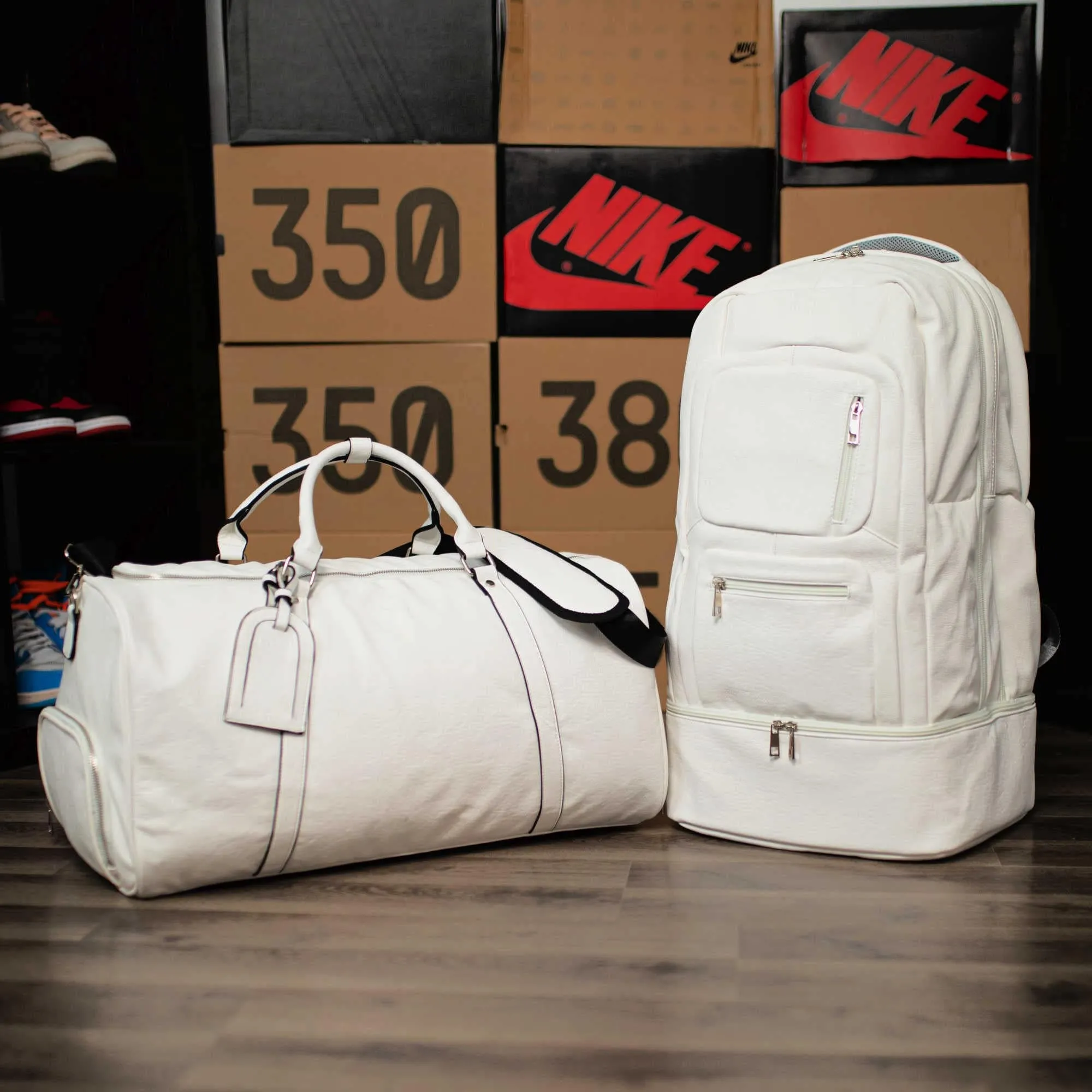 White Tumbled Leather Signature Bag Set (Signature Backpack and Duffle Bag)