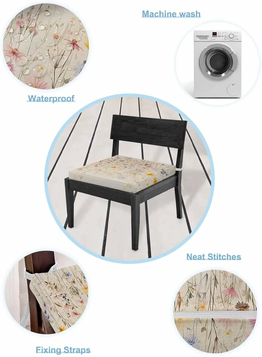 Wildflowers Blossom Outdoor Cushion Chair Cover Set of 4 - Waterproof Couch Seat Covers, Spring Rustic Retro Botanical Patio Furniture Protector Cushions Slipcovers for Sofa/RV, 22"x22"x4"
