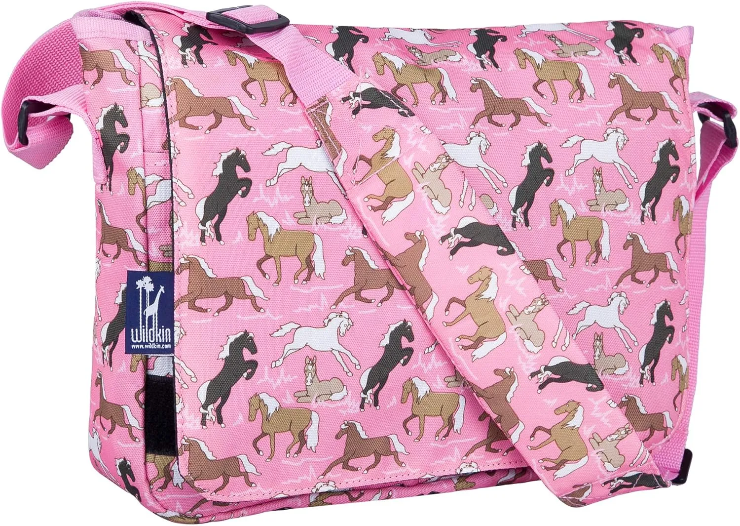 Wildkin Kids Messenger Bag – 600 Denier Polyester Durable and Lightweight for School & Travel - Horses in Pink