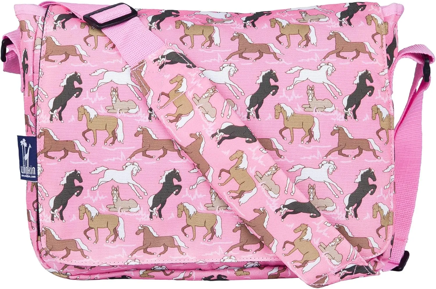 Wildkin Kids Messenger Bag – 600 Denier Polyester Durable and Lightweight for School & Travel - Horses in Pink