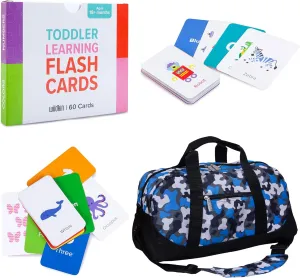 Wildkin Overnighter Duffel Bag and Learning Flash Cards Bundle: Fun Playtime Duo - Ignite Knowledge and Carry Comfort in One (Blue Camo)
