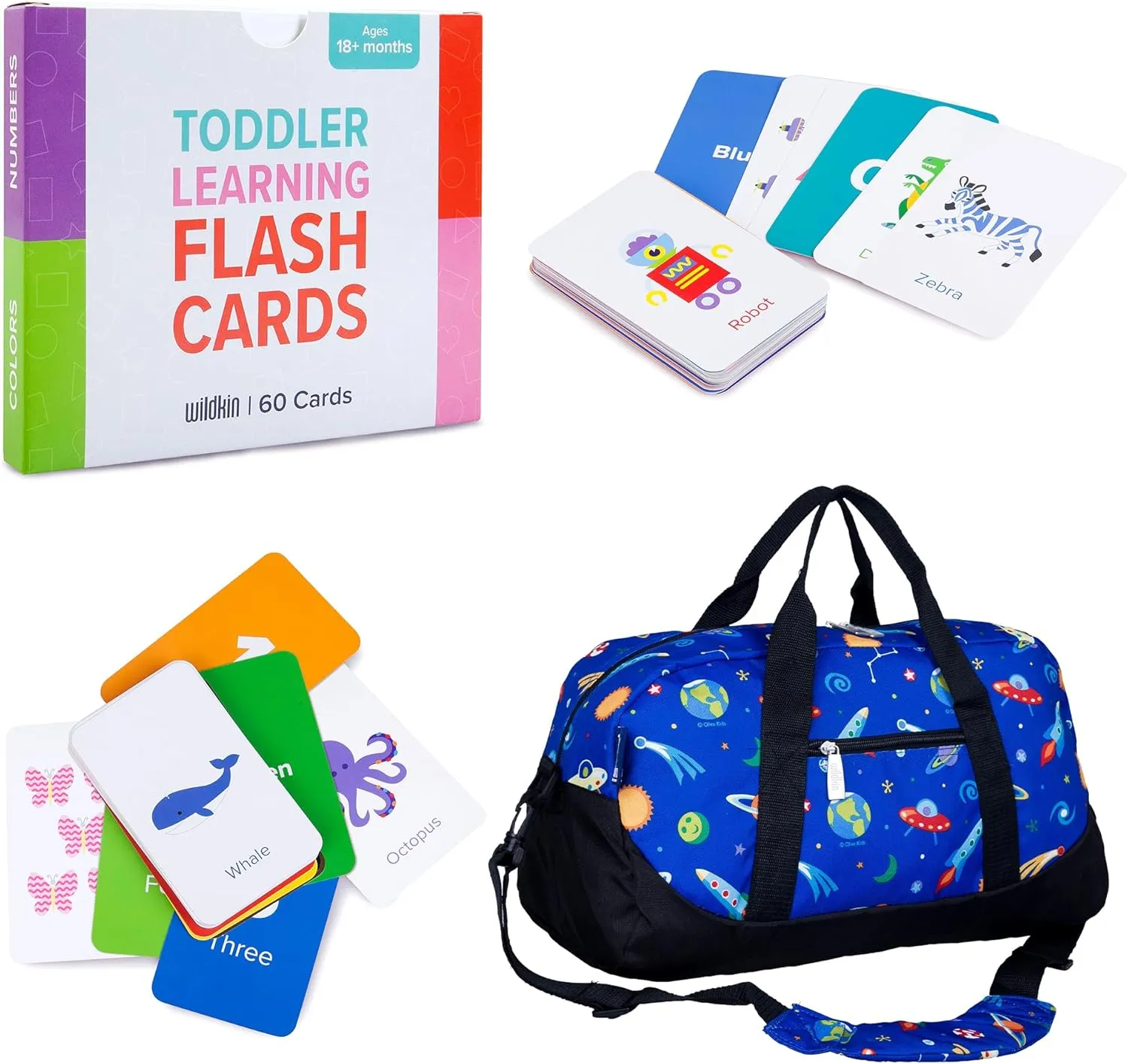 Wildkin Overnighter Duffel Bag and Learning Flash Cards Bundle: Fun Playtime Duo - Ignite Knowledge and Carry Comfort in One (Out of this World)