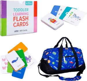Wildkin Overnighter Duffel Bag and Learning Flash Cards Bundle: Fun Playtime Duo - Ignite Knowledge and Carry Comfort in One (Out of this World)