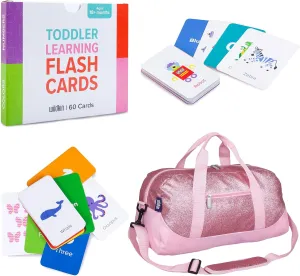 Wildkin Overnighter Duffel Bag and Learning Flash Cards Bundle: Fun Playtime Duo - Ignite Knowledge and Carry Comfort in One (Pink Glitter)