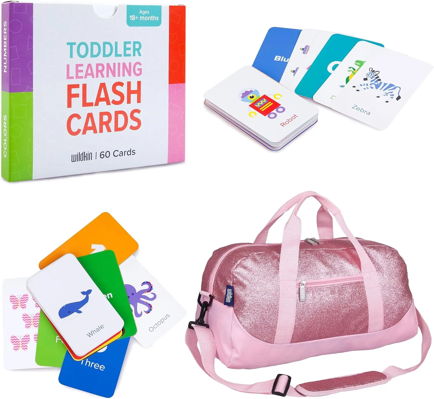 Wildkin Overnighter Duffel Bag and Learning Flash Cards Bundle: Fun Playtime Duo - Ignite Knowledge and Carry Comfort in One (Pink Glitter)
