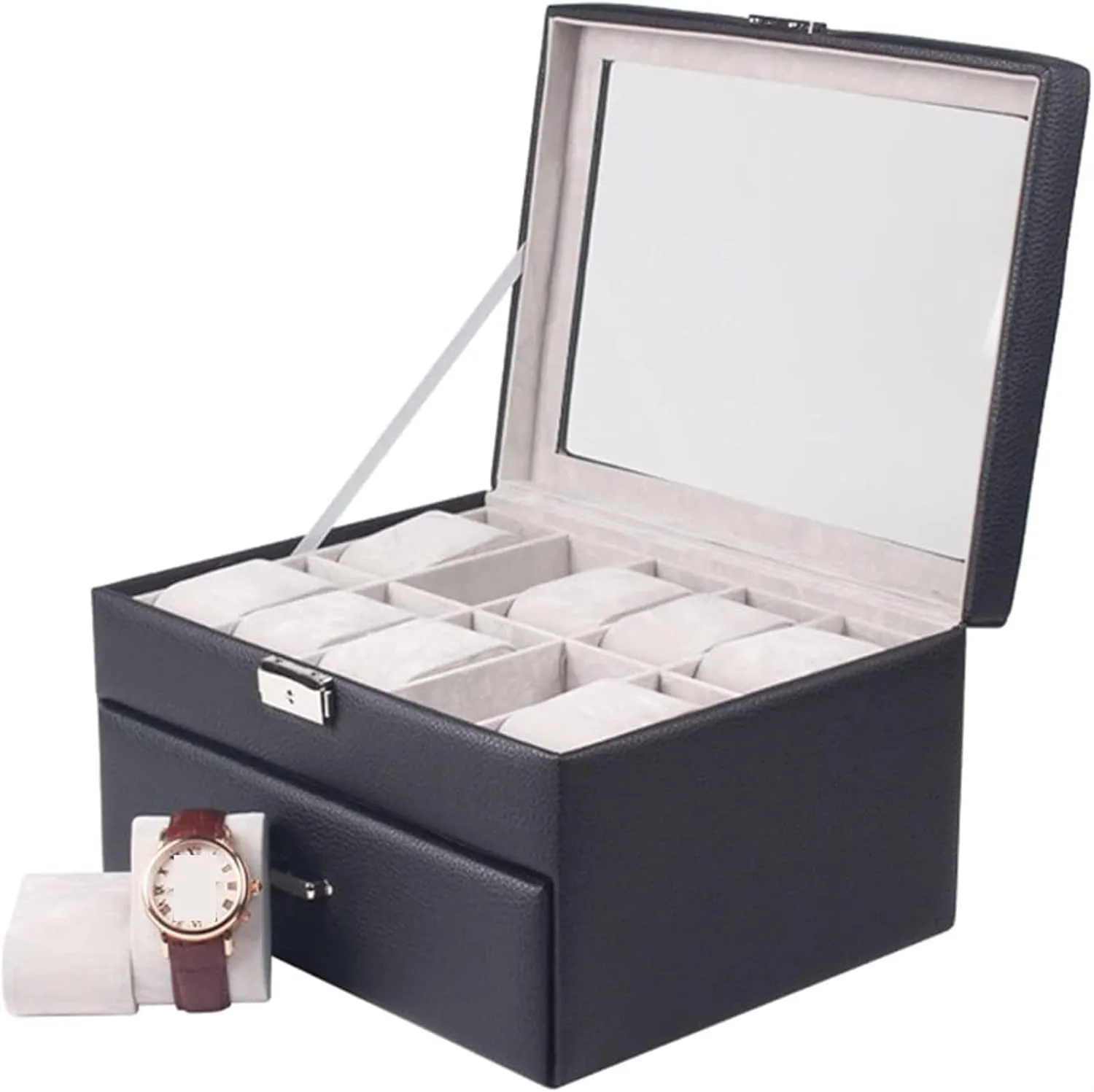 With Drawer And Glass Display Double Layer 20 Slots Watch Storage Box Top Lockable Watch Case Watch Organizer Display
