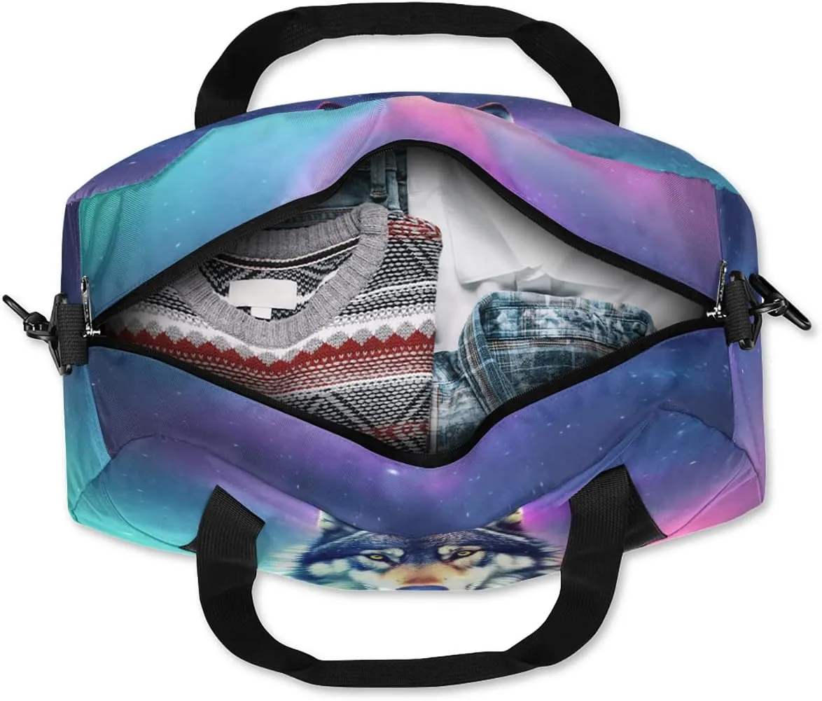 Wolf Kids Duffle Bag, Galaxy Wolf Starry Sky Gym Bag, Girls Dance Bag Boys Sport Bag, Lightweight Water Resistant Foldable Sports Gym Bag Weekender Overnight Sleepover Carry On Travel Bag