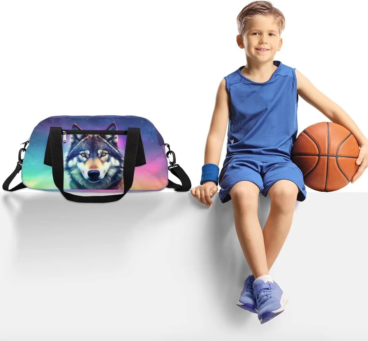 Wolf Kids Duffle Bag, Galaxy Wolf Starry Sky Gym Bag, Girls Dance Bag Boys Sport Bag, Lightweight Water Resistant Foldable Sports Gym Bag Weekender Overnight Sleepover Carry On Travel Bag