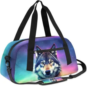 Wolf Kids Duffle Bag, Galaxy Wolf Starry Sky Gym Bag, Girls Dance Bag Boys Sport Bag, Lightweight Water Resistant Foldable Sports Gym Bag Weekender Overnight Sleepover Carry On Travel Bag