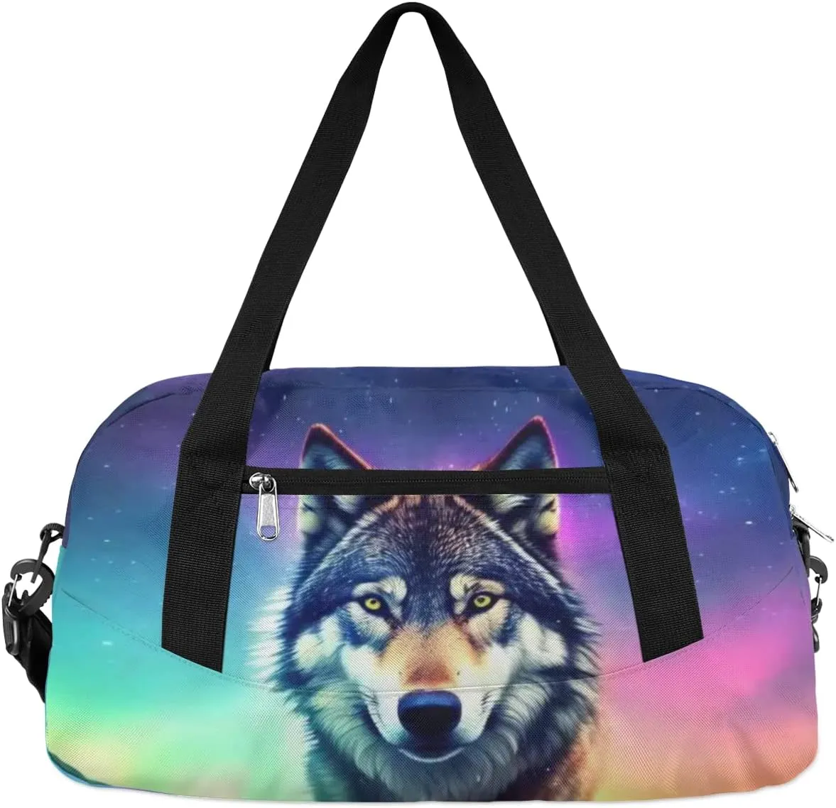 Wolf Kids Duffle Bag, Galaxy Wolf Starry Sky Gym Bag, Girls Dance Bag Boys Sport Bag, Lightweight Water Resistant Foldable Sports Gym Bag Weekender Overnight Sleepover Carry On Travel Bag