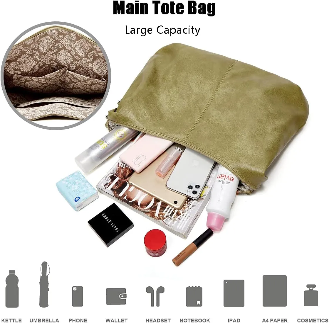 Women 3Pcs Tote Handbag PU Top-handle Shoulder Bag Big Satchel Messenger Purses