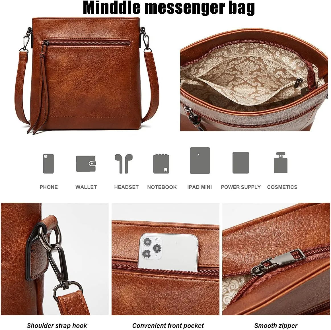 Women 3Pcs Tote Handbag PU Top-handle Shoulder Bag Big Satchel Messenger Purses