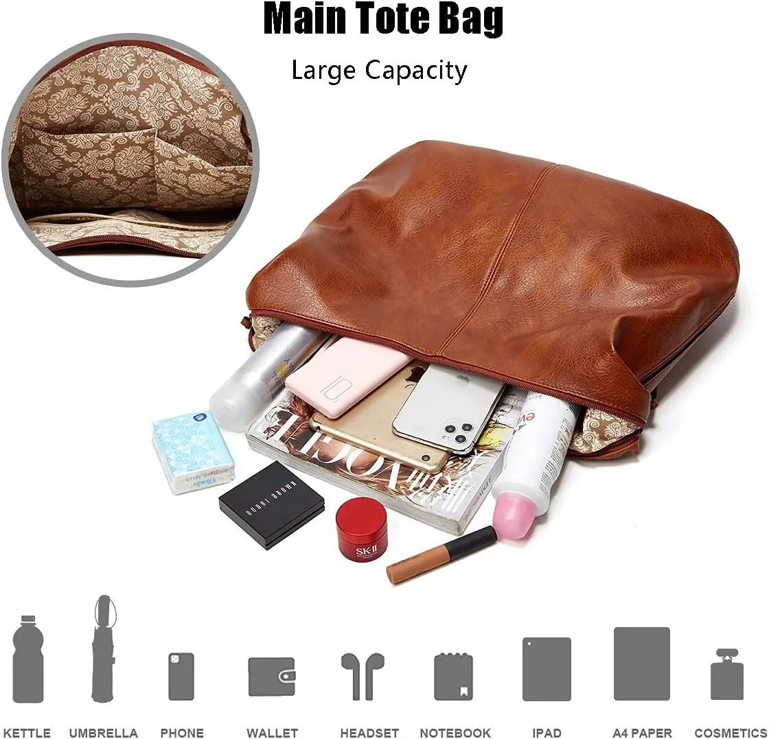 Women 3Pcs Tote Handbag PU Top-handle Shoulder Bag Big Satchel Messenger Purses