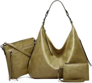 Women 3Pcs Tote Handbag PU Top-handle Shoulder Bag Big Satchel Messenger Purses