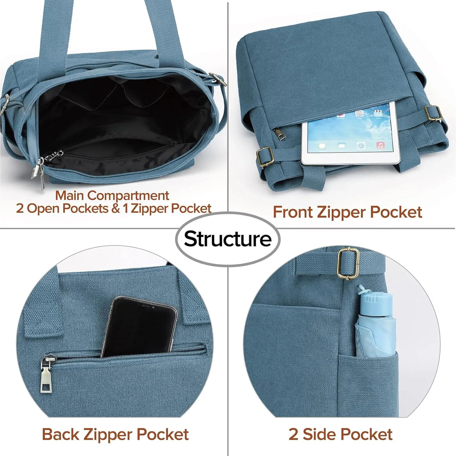 Women Canvas Tote Bag,Multi-Pocket Large Shoulder Bag Casual Handbag with Zipper for Work Daily Use