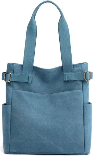 Women Canvas Tote Bag,Multi-Pocket Large Shoulder Bag Casual Handbag with Zipper for Work Daily Use