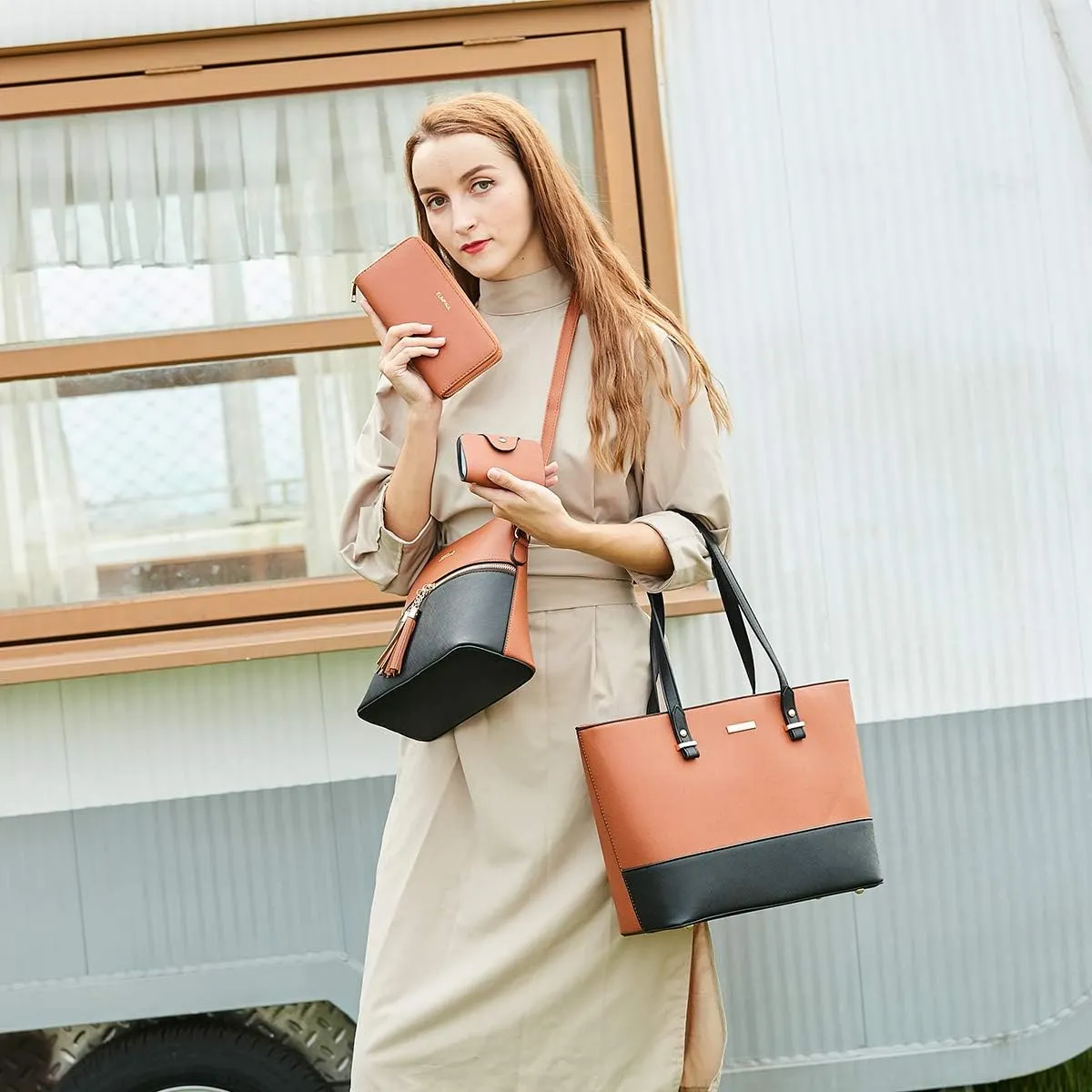 Women Fashion Handbags Wallet Tote Bag Shoulder Bag Top Handle Satchel Purse Set 4pcs