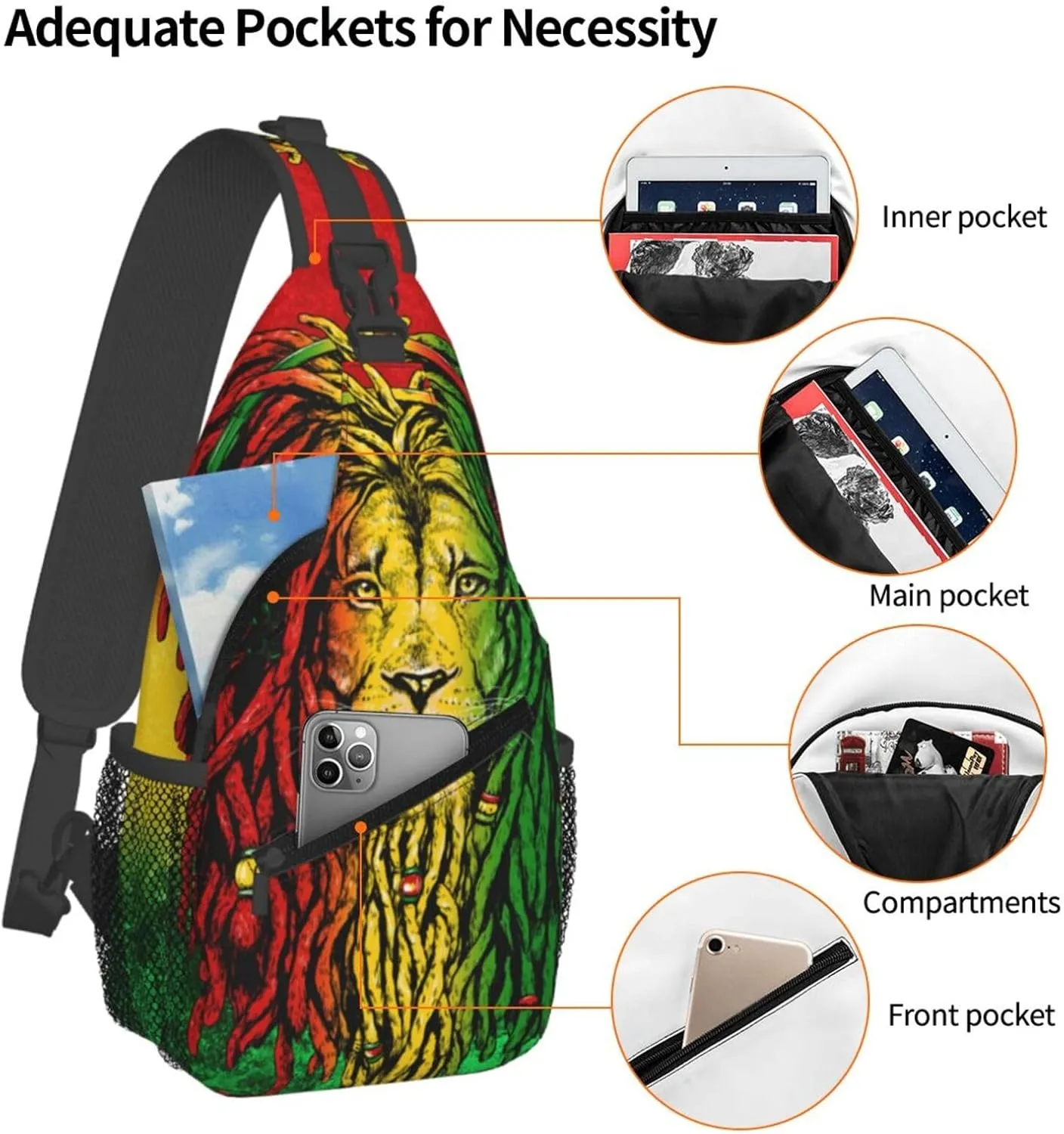Women Men Sling Bag Anti Theft for Jamaican Rasta Flag Rastafarian Reggae Lion Chest Pack Outdoor Shoulder Backpack Crossbody Bags Causal Daypacks For Hiking Cycling and Travel