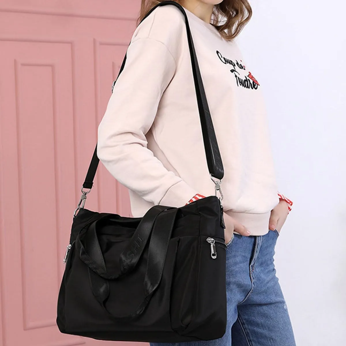 Women Nylon Tote Bag Multi-Function Shoulder Bag Multiple Pockets Purse Handbag Lightweight Travel Messenger Bag