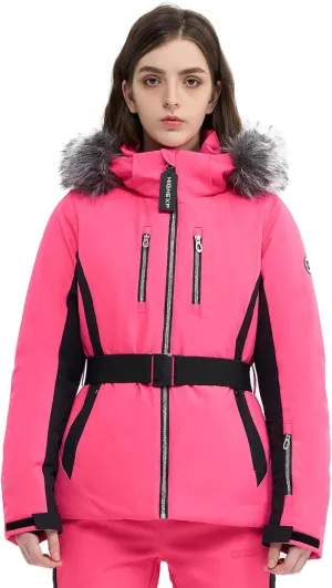 Women Ski Jacket Snowboard Fitted Slim Fit Short Snow Coat Belted Mountain Waterproof Insulated Warm Winter