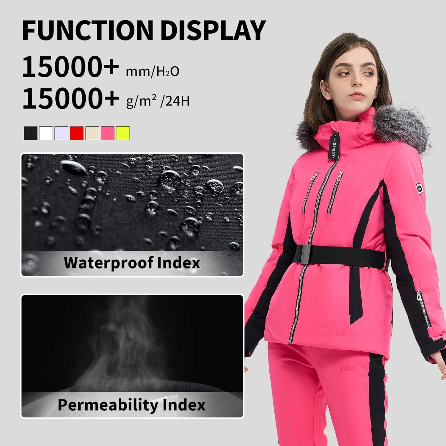 Women Ski Jacket Snowboard Fitted Slim Fit Short Snow Coat Belted Mountain Waterproof Insulated Warm Winter