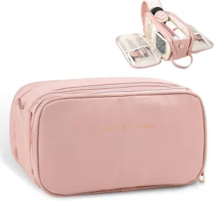 Women Travel Cosmetic Bag Portable Large Capacity Toiletry bags, Opening Waterproof PU Pouch Open Flat Makeup Bag, Travel Makeup Storage With Handle and Brush Organizer Pink