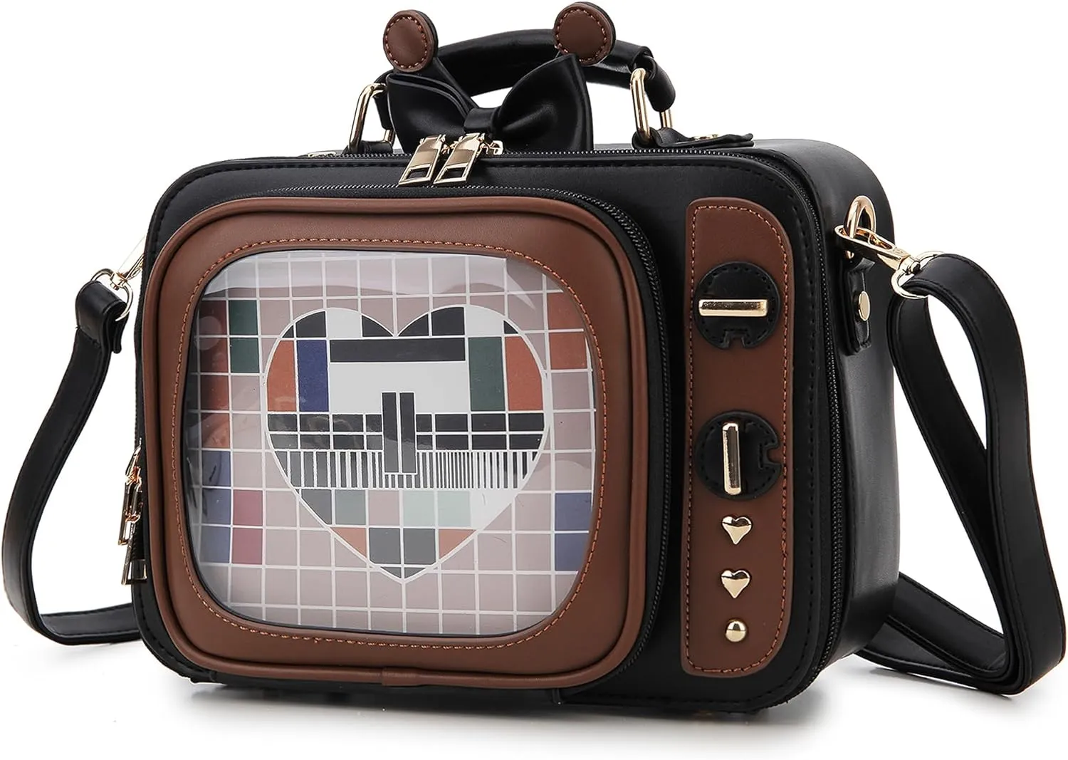 Women TV Shape Ita Bag Retro Television Shoulder Bag Design Ita Backpack with Inserts Unique female Clear Windows Anime Display Crossbody Bag for Enamel Pins Display