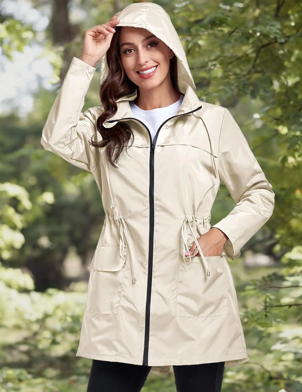 Women Waterproof Raincoat Lightweight Packable Active Outdoor Long Hooded Rain Jacket