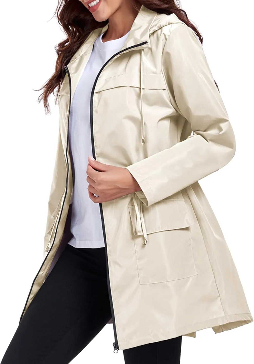 Women Waterproof Raincoat Lightweight Packable Active Outdoor Long Hooded Rain Jacket