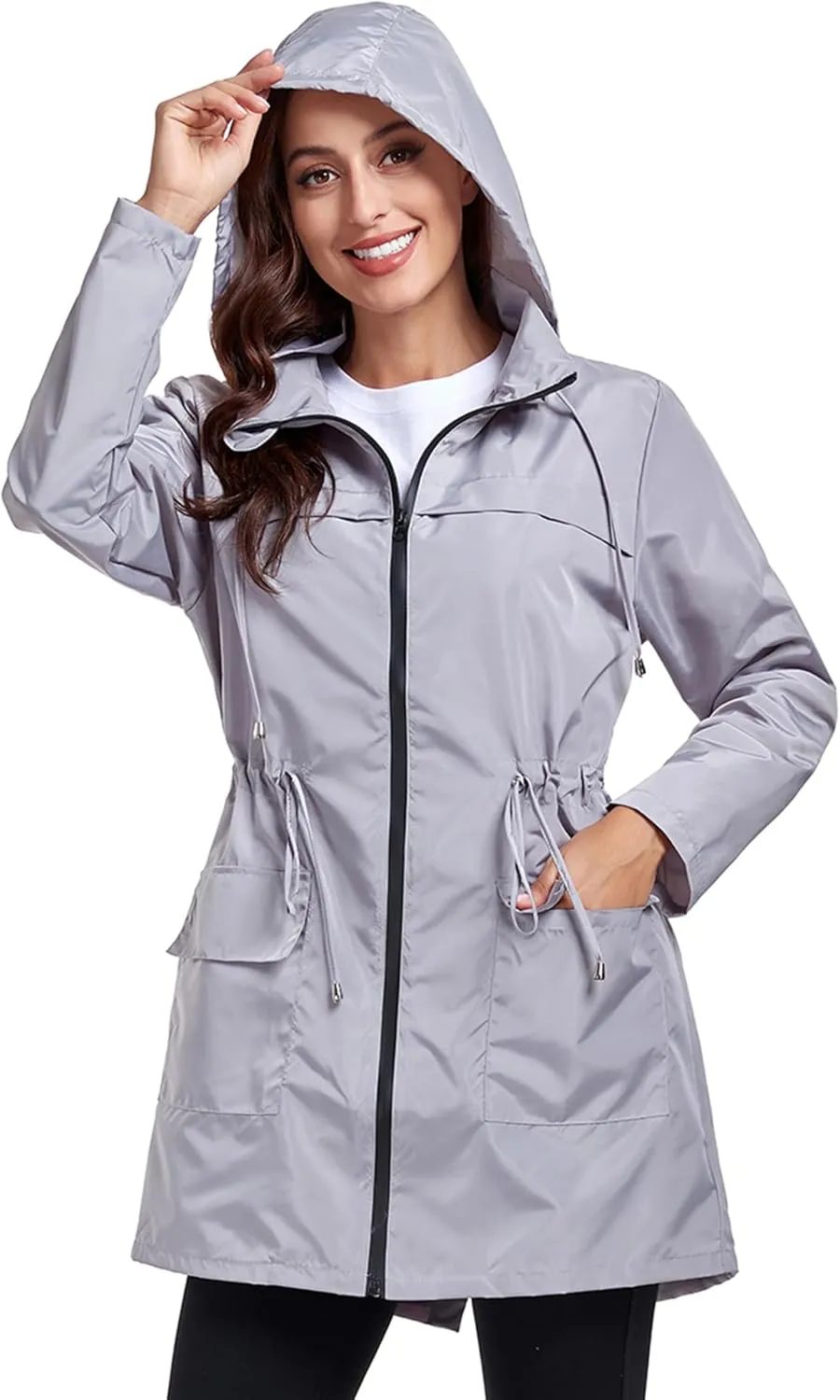 Women Waterproof Raincoat Lightweight Packable Active Outdoor Long Hooded Rain Jacket