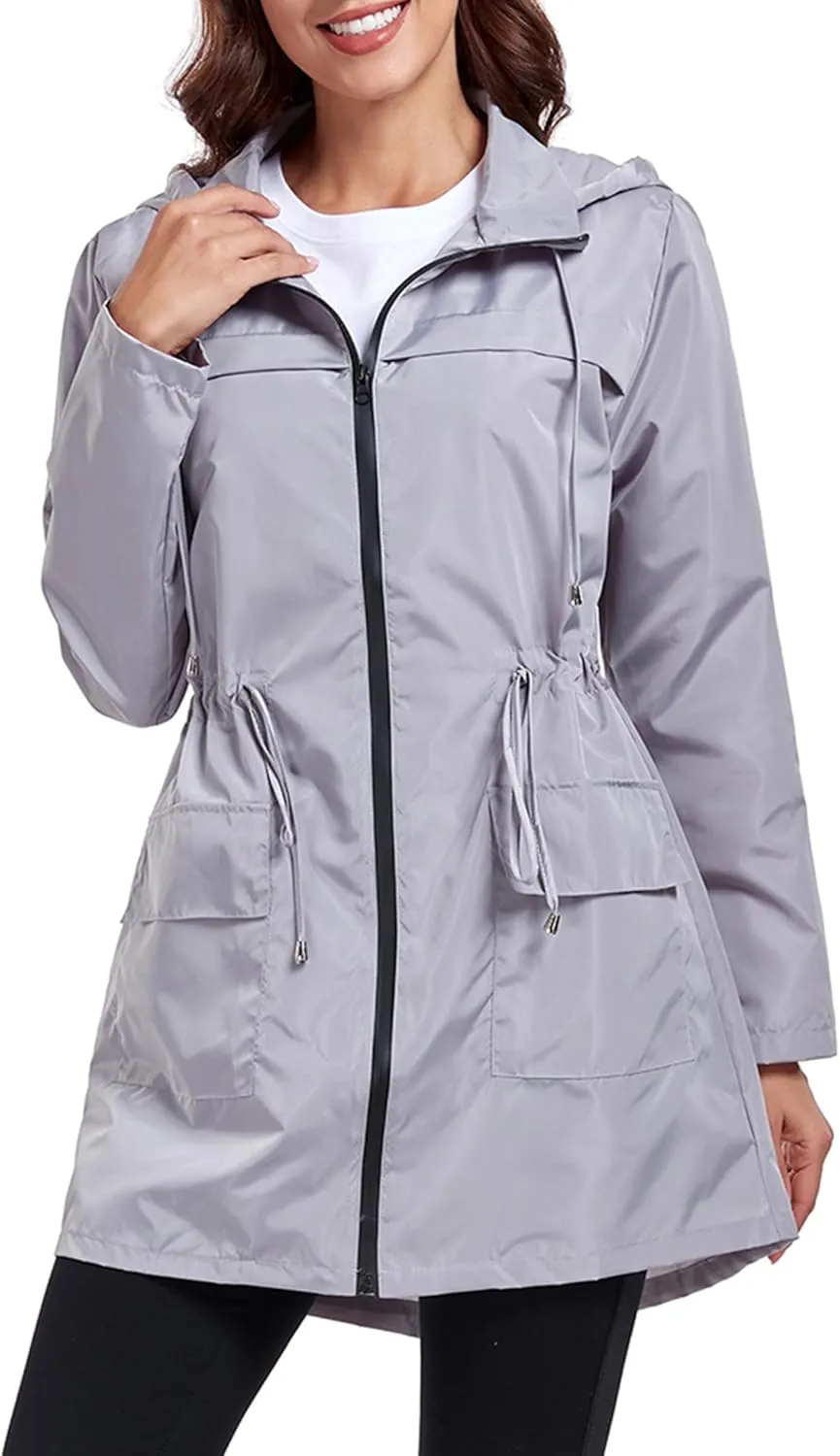 Women Waterproof Raincoat Lightweight Packable Active Outdoor Long Hooded Rain Jacket