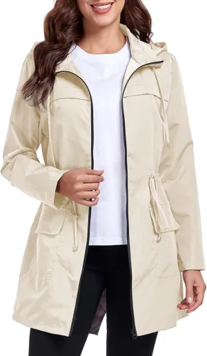 Women Waterproof Raincoat Lightweight Packable Active Outdoor Long Hooded Rain Jacket