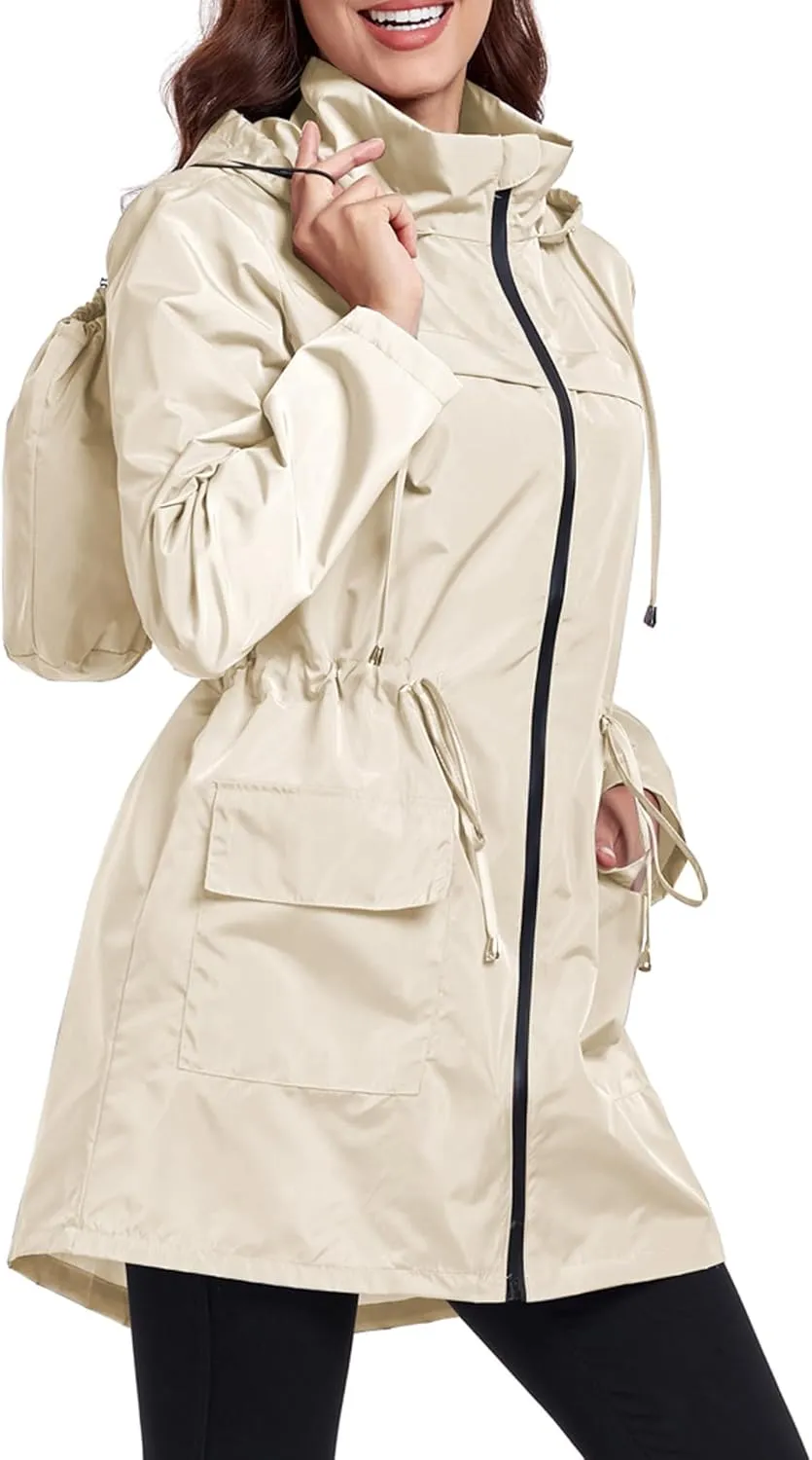 Women Waterproof Raincoat Lightweight Packable Active Outdoor Long Hooded Rain Jacket