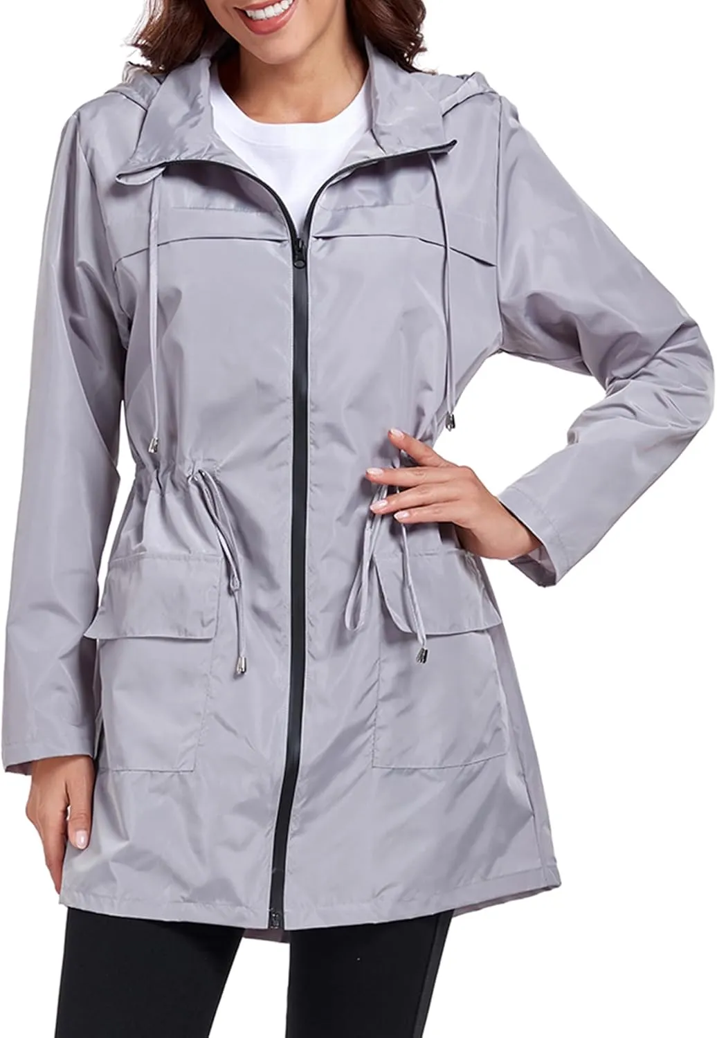 Women Waterproof Raincoat Lightweight Packable Active Outdoor Long Hooded Rain Jacket