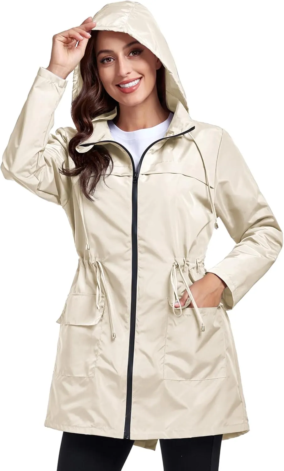 Women Waterproof Raincoat Lightweight Packable Active Outdoor Long Hooded Rain Jacket