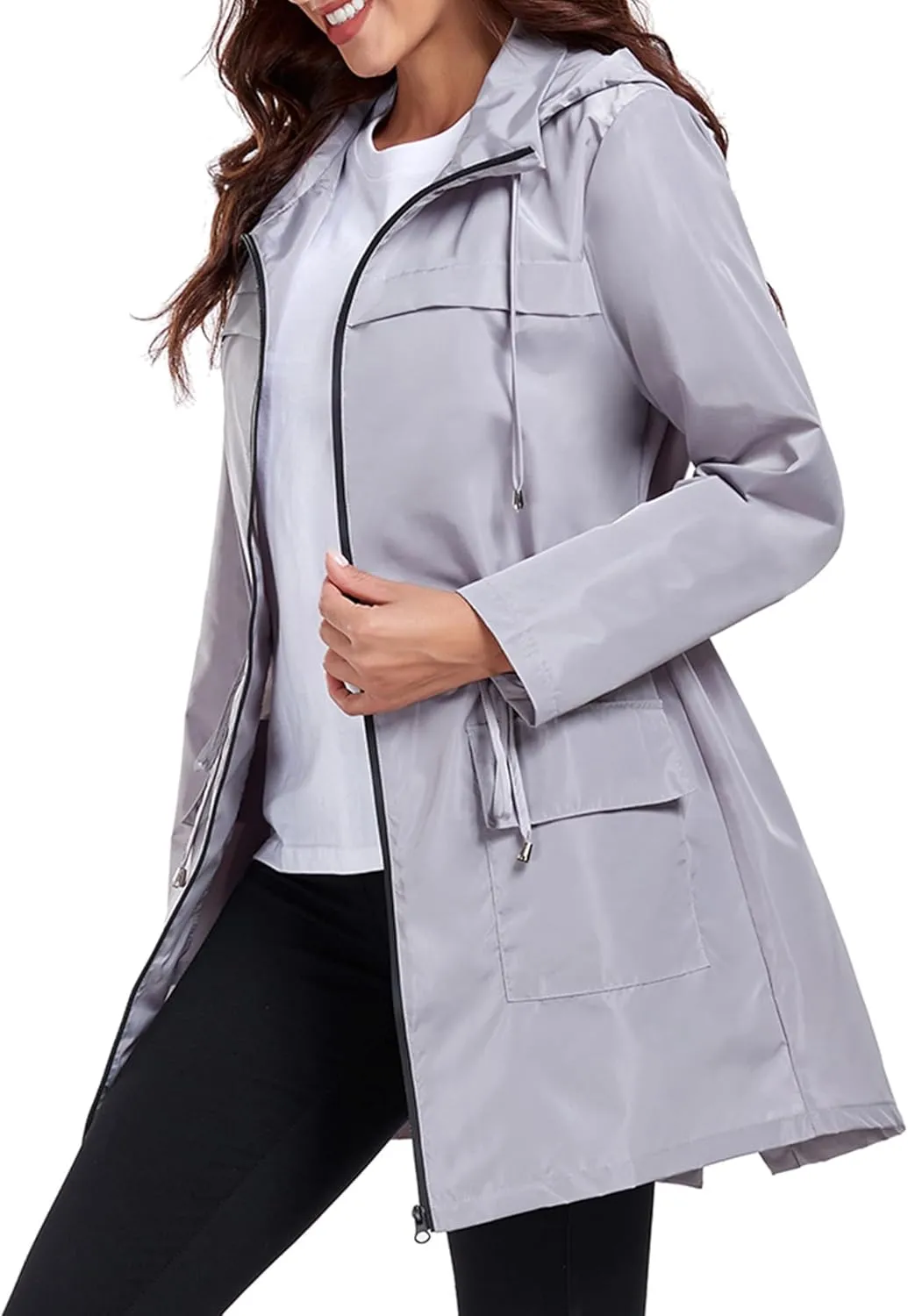 Women Waterproof Raincoat Lightweight Packable Active Outdoor Long Hooded Rain Jacket