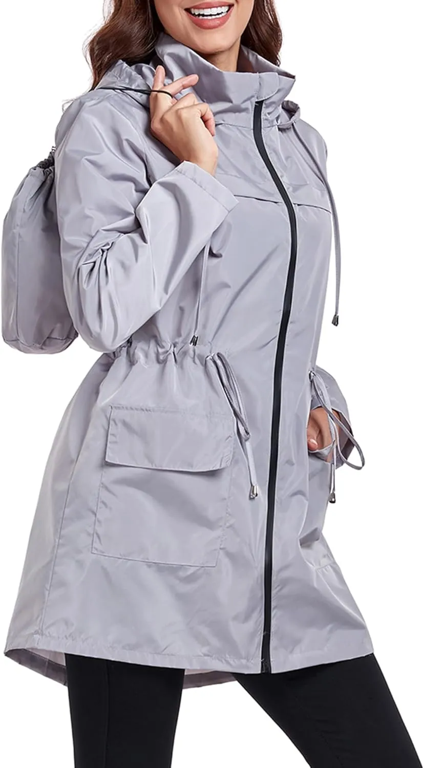 Women Waterproof Raincoat Lightweight Packable Active Outdoor Long Hooded Rain Jacket