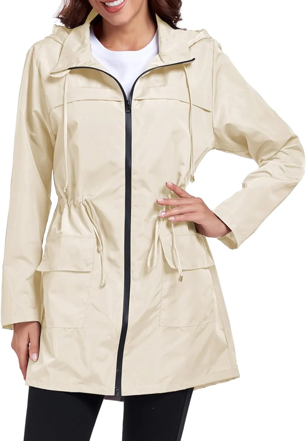 Women Waterproof Raincoat Lightweight Packable Active Outdoor Long Hooded Rain Jacket