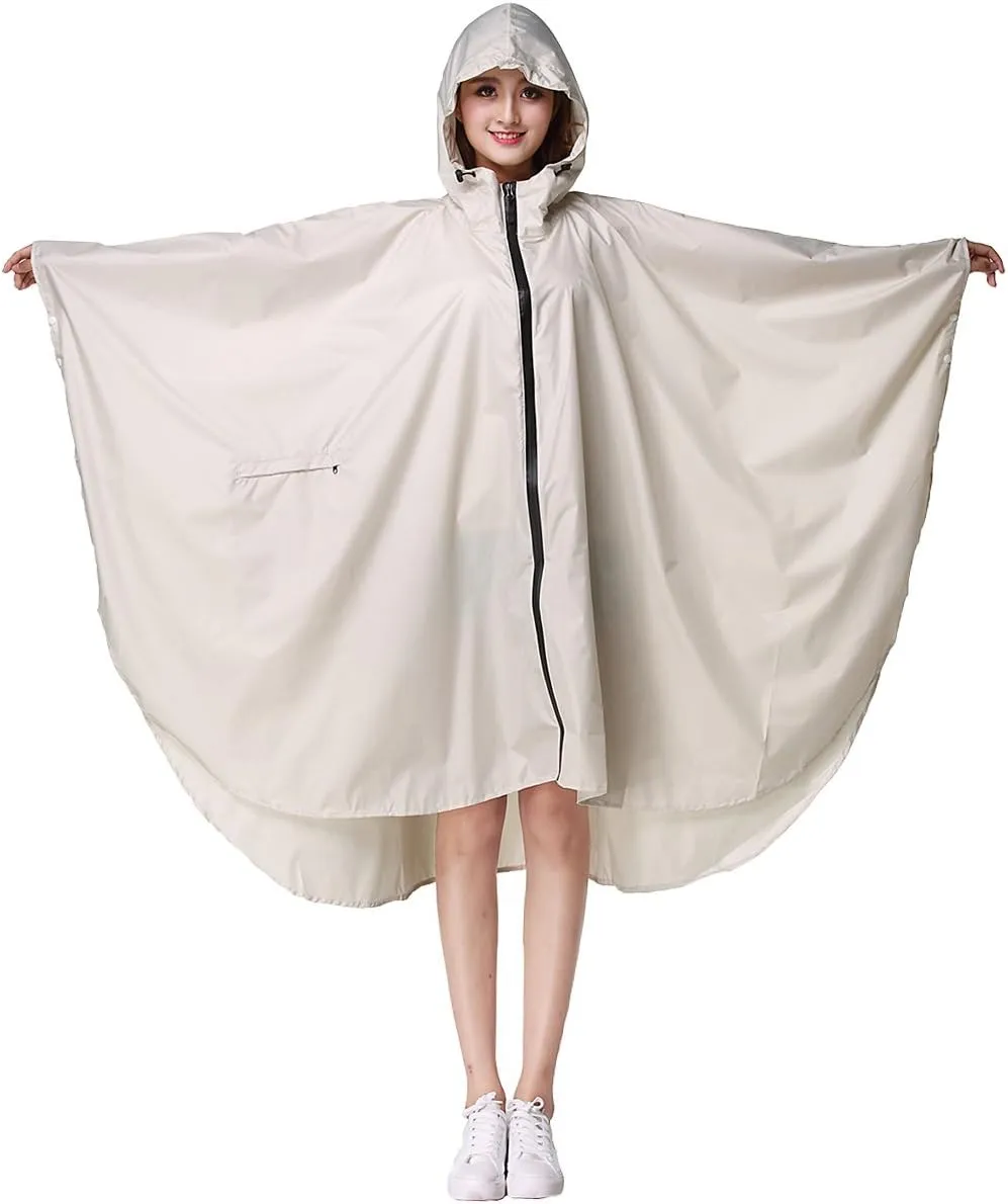 Womens Rain Poncho Stylish Polyester Waterproof Raincoat Free Size with Hood Zipper
