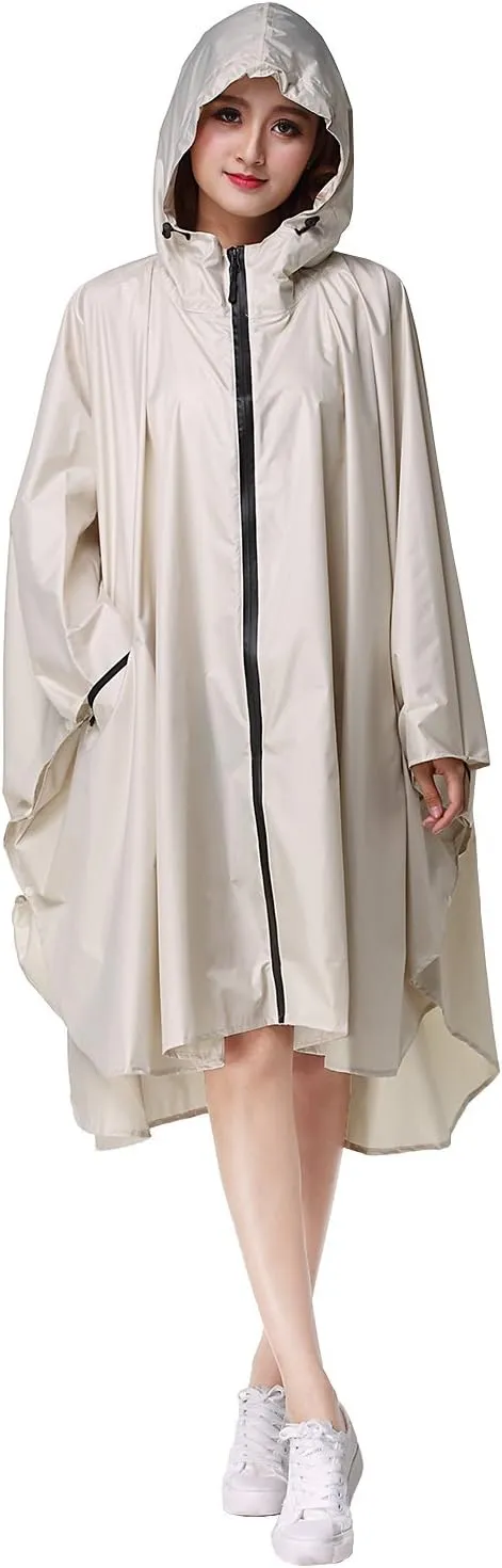 Womens Rain Poncho Stylish Polyester Waterproof Raincoat Free Size with Hood Zipper