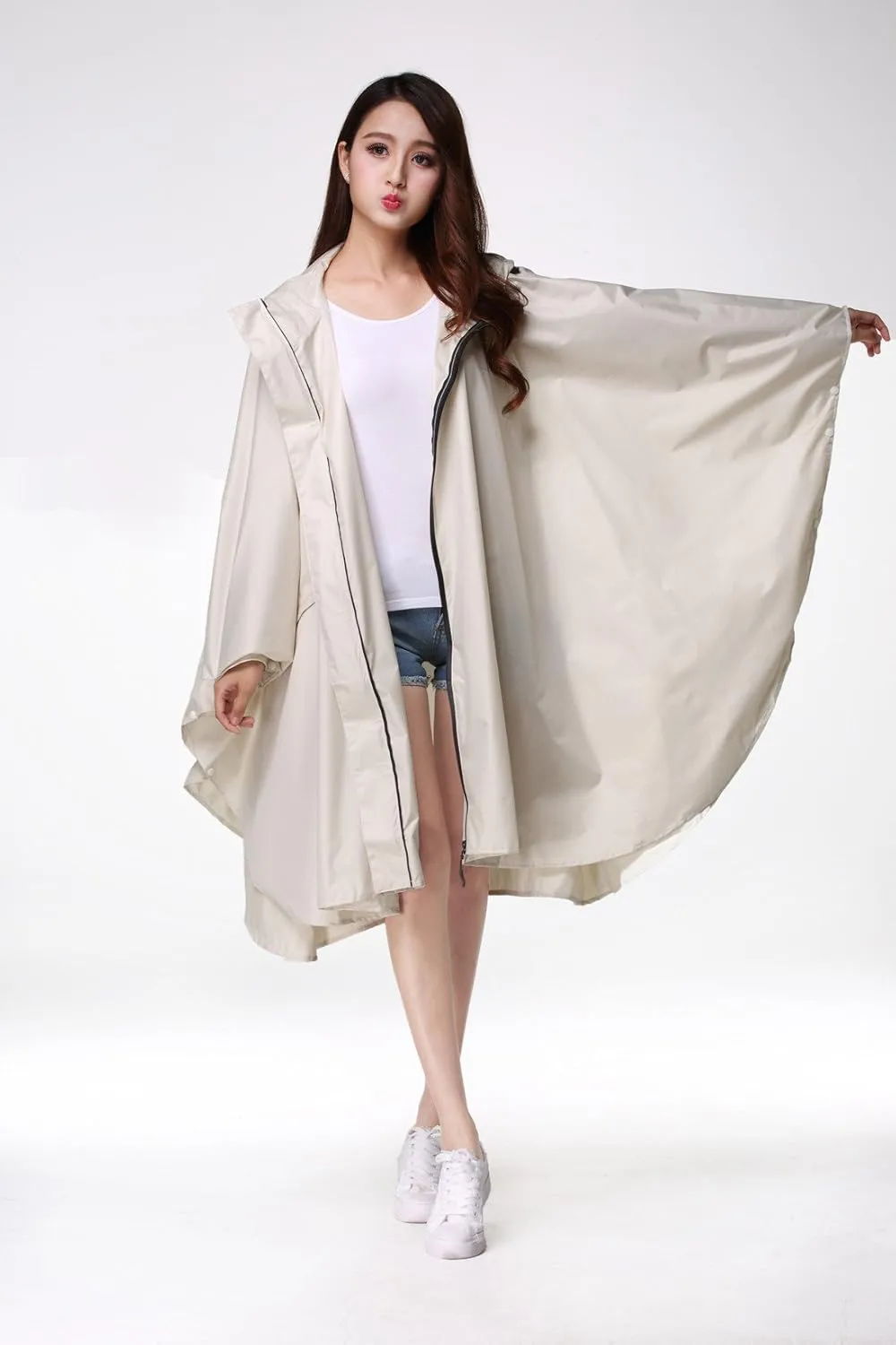 Womens Rain Poncho Stylish Polyester Waterproof Raincoat Free Size with Hood Zipper
