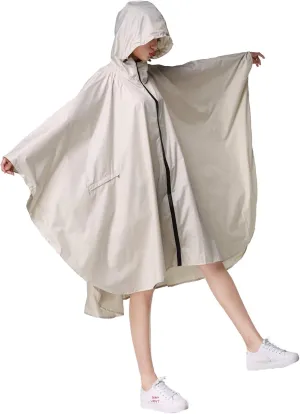 Womens Rain Poncho Stylish Polyester Waterproof Raincoat Free Size with Hood Zipper