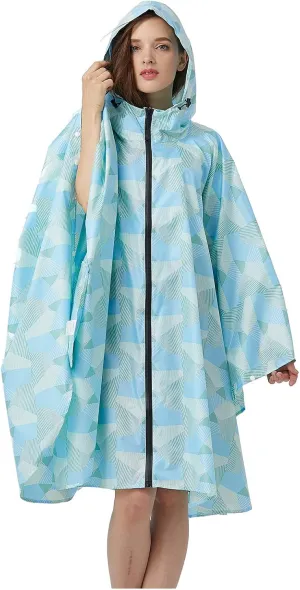 Womens Rain Poncho Stylish Polyester Waterproof Raincoat Free Size with Hood Zipper