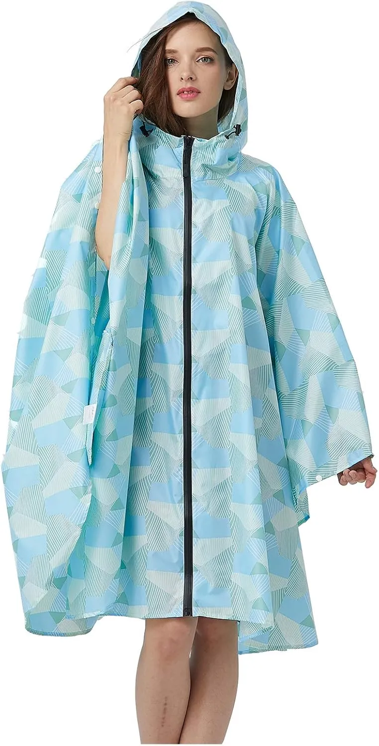 Womens Rain Poncho Stylish Polyester Waterproof Raincoat Free Size with Hood Zipper
