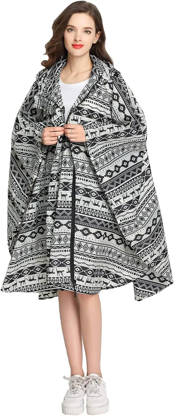 Womens Rain Poncho Stylish Polyester Waterproof Raincoat Free Size with Hood Zipper