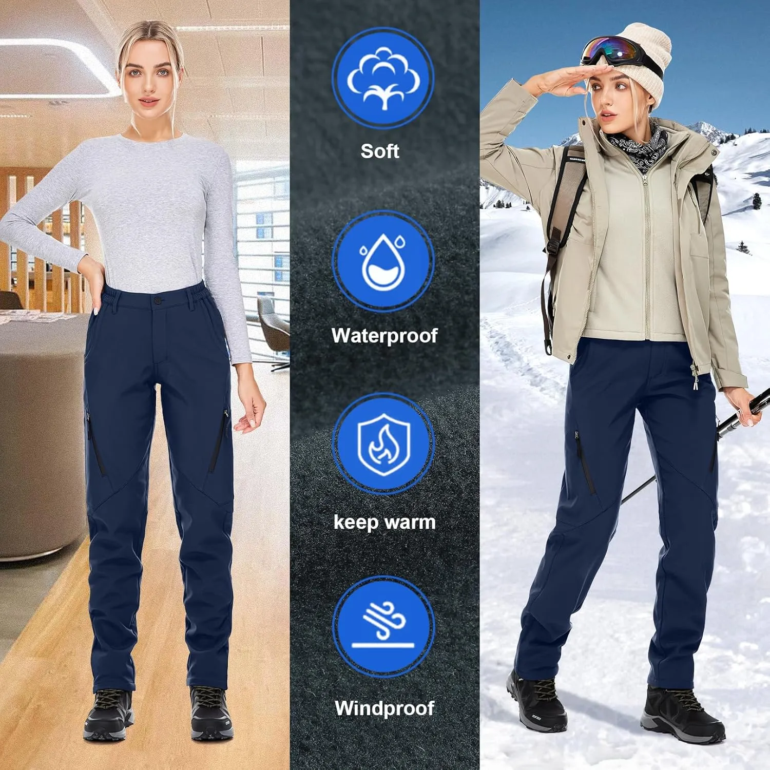 Womens Snow Pants waterproof hiking insulated Snowboard Outdoor Softshell ski Pants Zipper pockets