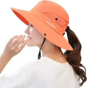 Womens Summer Mesh Wide Brim Sun UV Protection Hat with Ponytail Hole