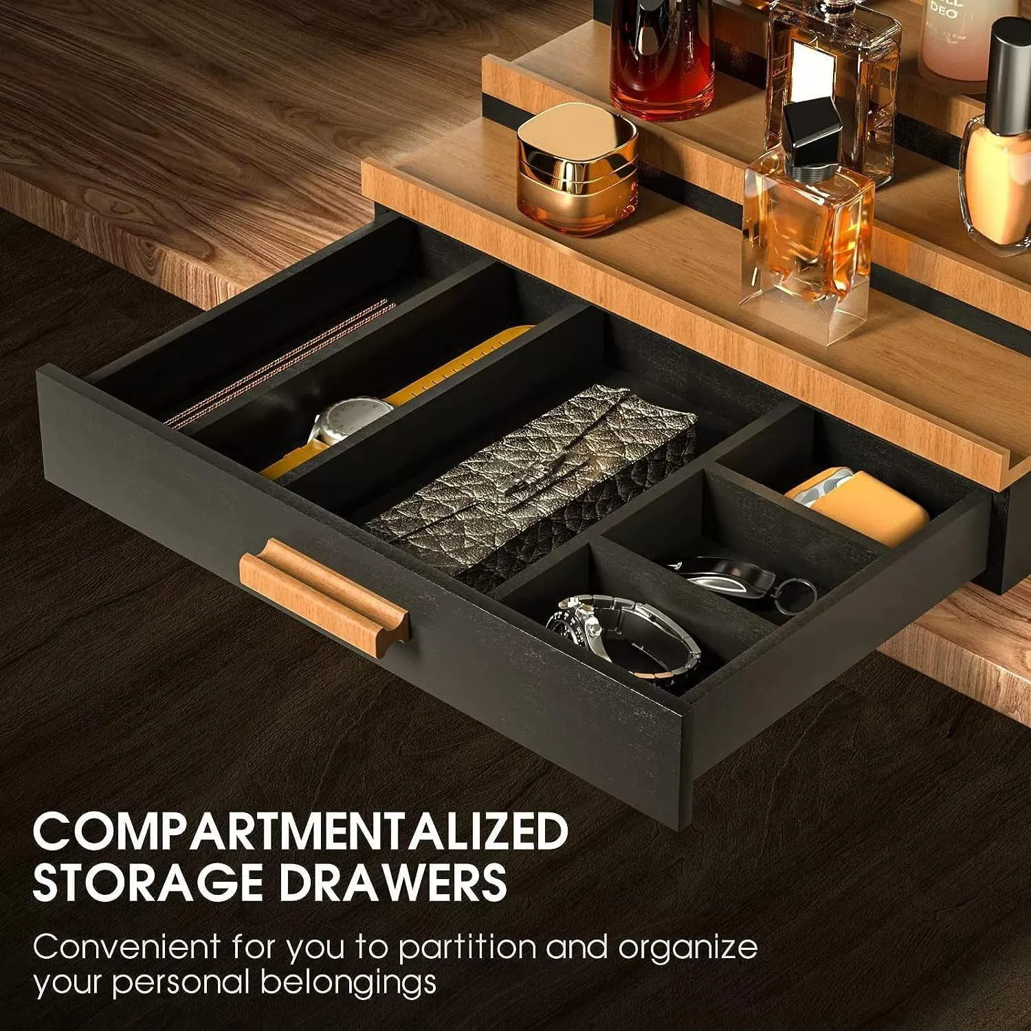 Wooden Cologne Organizer for Men, 4 Tier of Elevated Cologne Display Shelf with Drawer Storage Perfume Organization and Storage Display Risers,Great Gift for Man (Wood Balck)