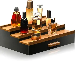 Wooden Cologne Organizer for Men, 4 Tier of Elevated Cologne Display Shelf with Drawer Storage Perfume Organization and Storage Display Risers,Great Gift for Man (Wood Balck)